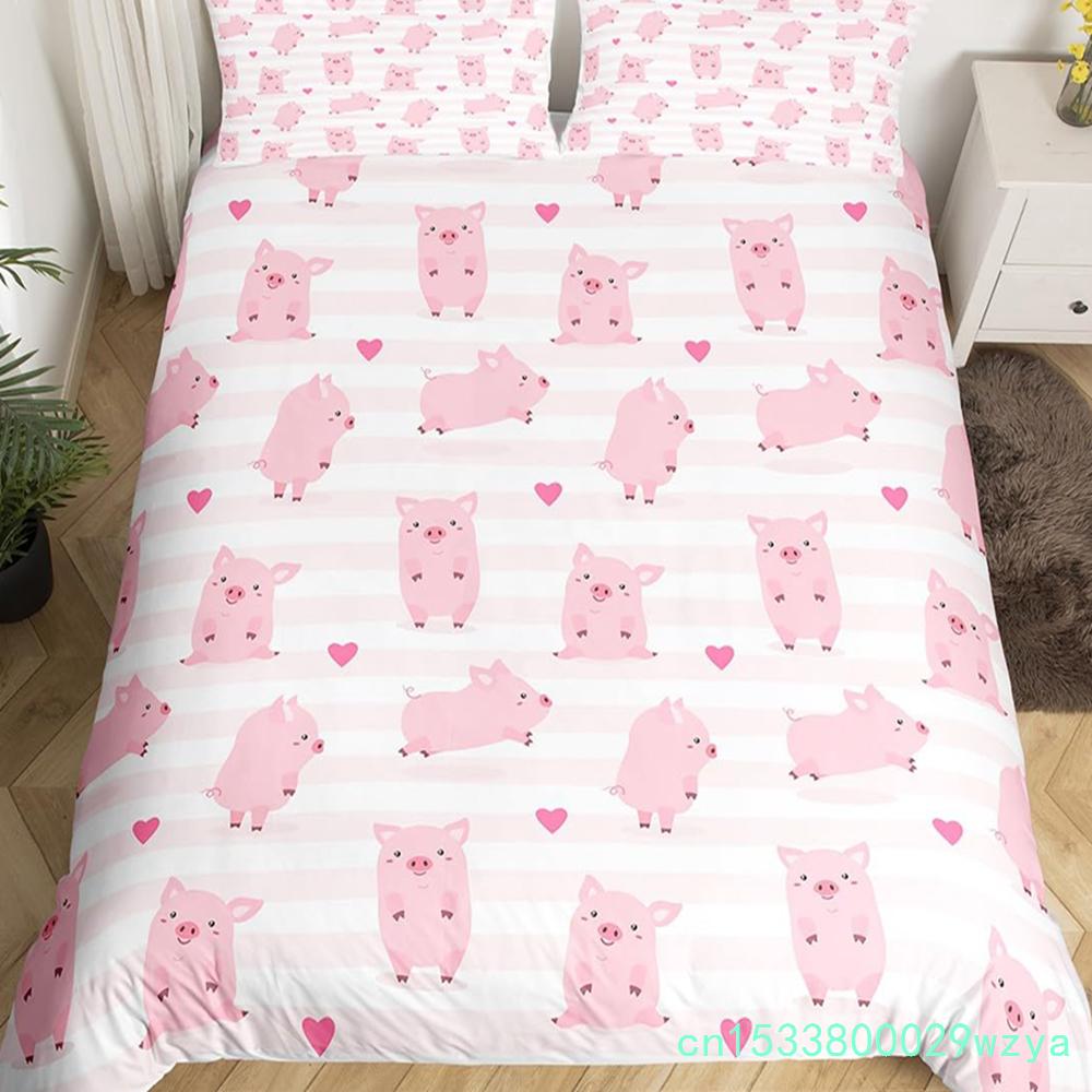 Pink Pig Bedding Set King Queen Sleeping Pig Duvet Cover For Kids Boys Girls Kawaii Animals Comforter Cover With 2 Pillowcases
