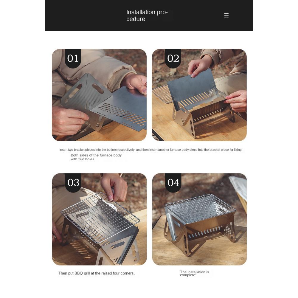 Bærbar sammenleggbar komfyr for utendørs piknik, campingutstyr, kjøkkenutstyr, kullgrill i rustfritt stål