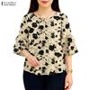 Women Floral Print Casual Round Neck Loose 3/4 Sleeve Blouse