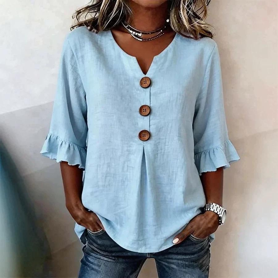 Women's V Neck Linen Button Top Summer Casual Blouse Breathable Lightweight Tshirts for Beach Office Vacation