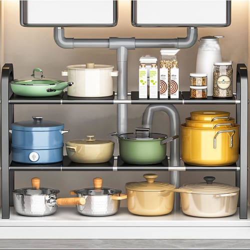 Under-sink storage rack, under-bathroom storage, kitchen storage rack, 2-tier storage, under-sink storage rack, expandable under-sink rack, easy assem