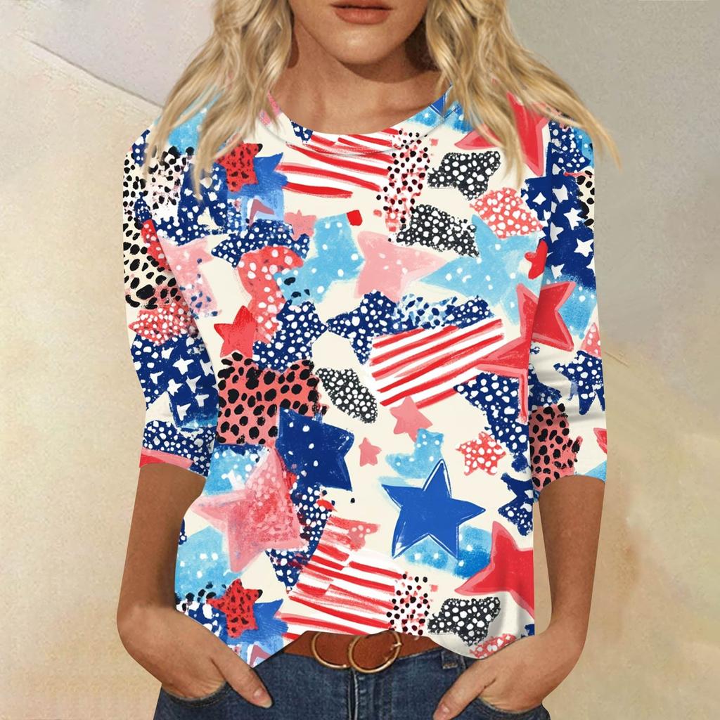 Dammode avslappnad rund hals 3/4 ärm lös tryckt T-shirt dam topp