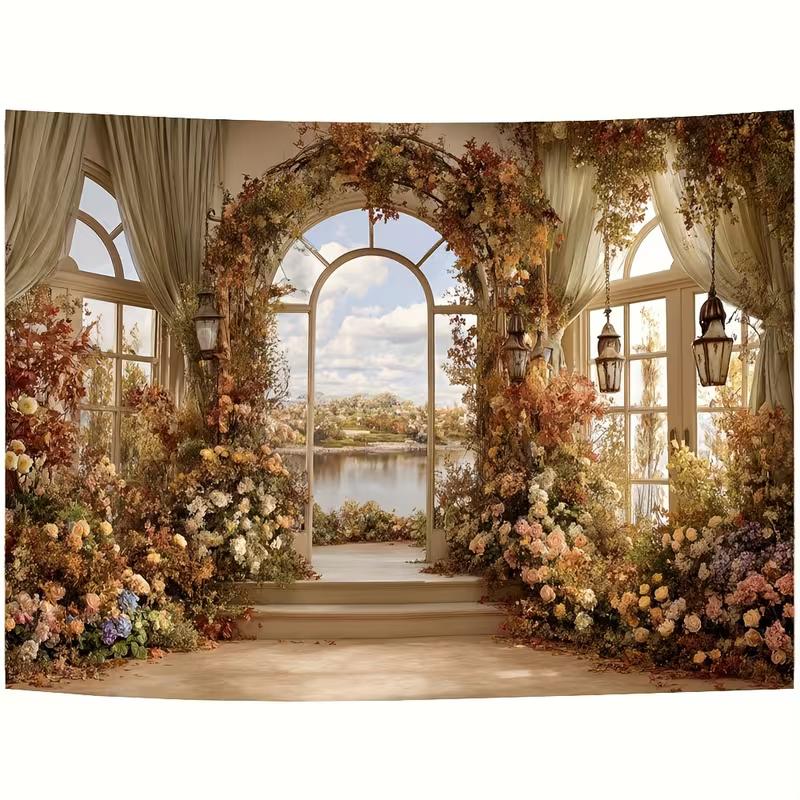 2D Vintage Conservatory Backdrop, Autumn Floral Arch with Lake and Sky Background Cloth