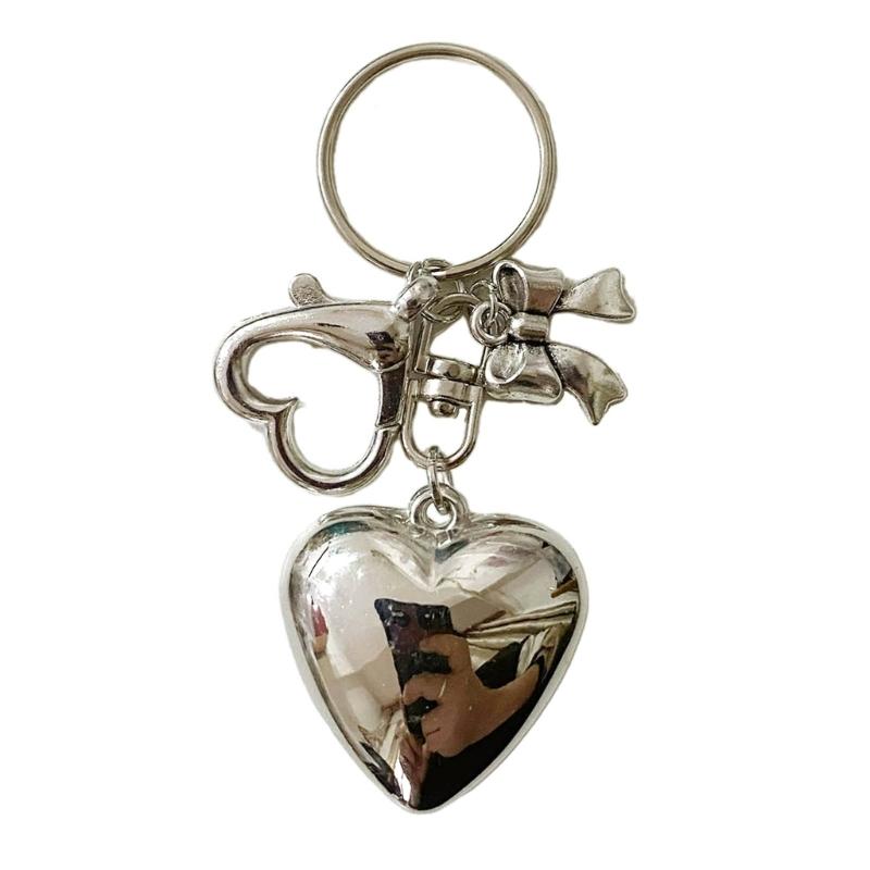 

Sweet Bowknot Big Heart Pendant Keyring Silver Color Charm Keychain Decoration 1