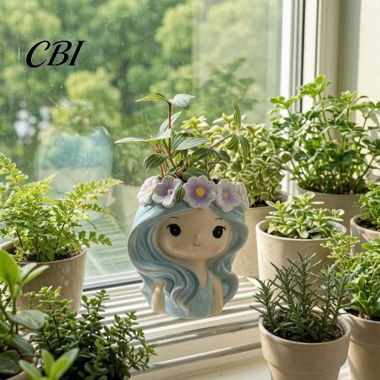Unique Resin Planter with Flower Garland Cute Girl Planter, Blue Hair Head Small Succulents for Desk Decorative Plant Pot Cacti Indoor Plants