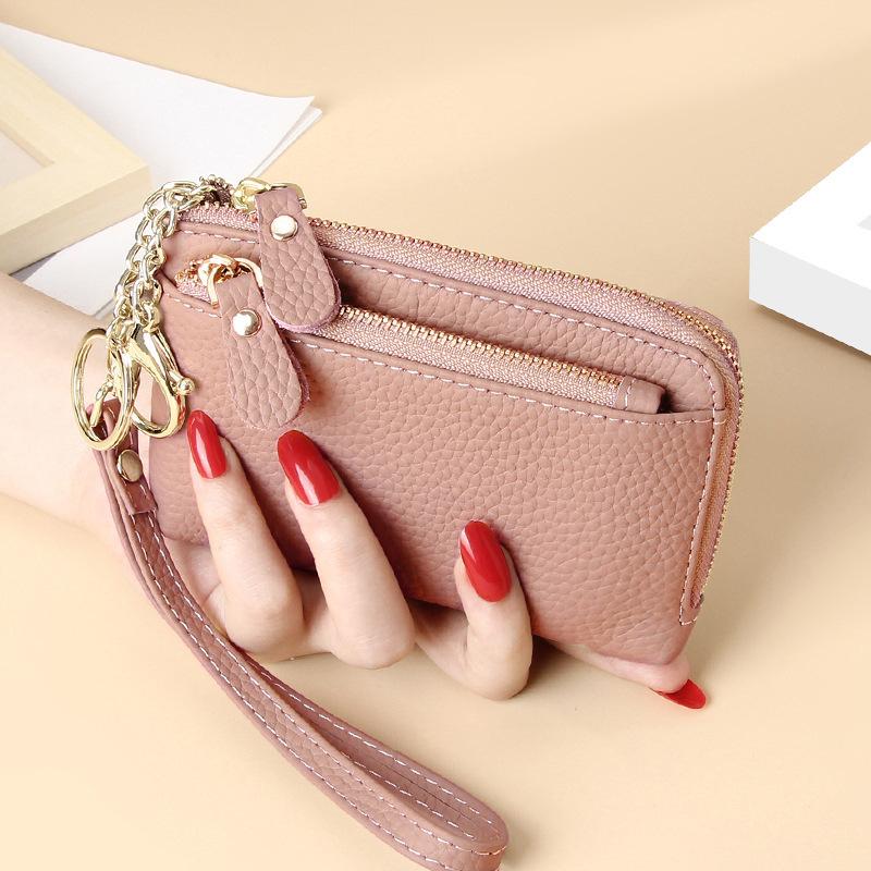 Women's Genuine Leather Mini Wallet Multi-Card Slots Coin Pouch with Keychain Handheld Zip Change Purse Stylish Compact Daily Accessory for Ladies