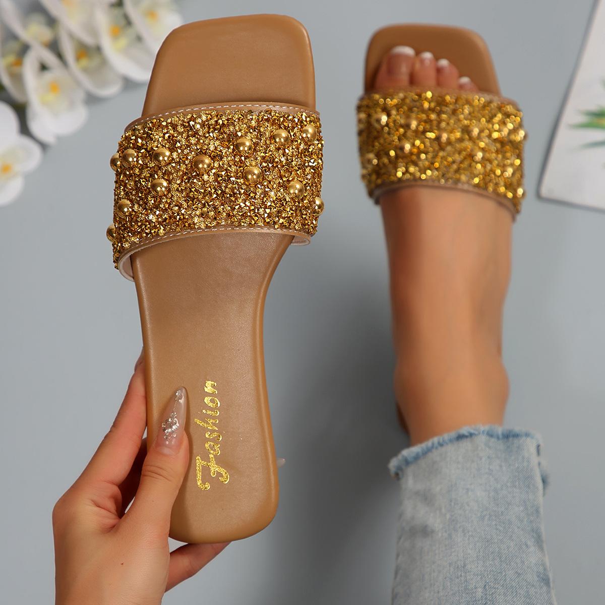 

[Foreign Trade] French Xiaoxiangfeng Pearl One-word Slippers Women s Versatile Outer Wear Beach Soft Bottom Cool Slippers 43