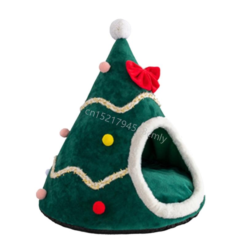 

Christmas Tree Shaped Pet House with Removable Cushion Dog House Pet Tent 6XDE зелений