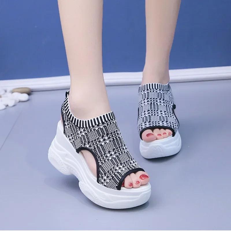 Fashion Sandals Women Summer Korean Version Fish Mouth Shoes Fashion Knitting Mesh Breathable Wedge Platform Sport Sandals Shoes Casual