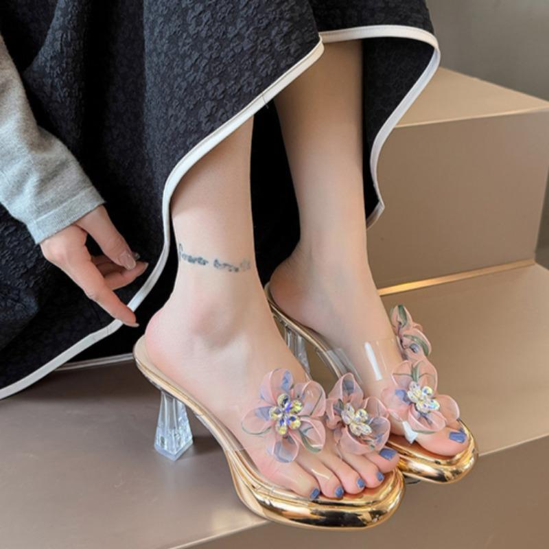 Fashion Crystal Stiletto Sandals New Summer Round Head Open Toe Sequin Flower Transparent Strap Platform Non-slip Heels