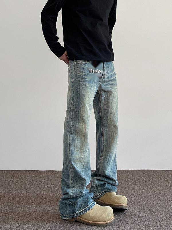 Men's Retro Distressed Jeans: Bamboo Texture, Slight Flare, Loose Fit Casual Pants