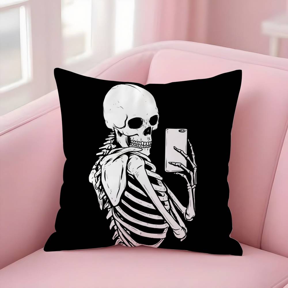 Creepy Skeleton Cat Halloween Pillow Case Short Plush Double-Sided Print Square Throw Pillow Covers Sofa Home Cushion Decor