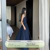 VENUIE Dark Blue Pleated Backless Lace-Up Long Sleeve Split Midi Dress