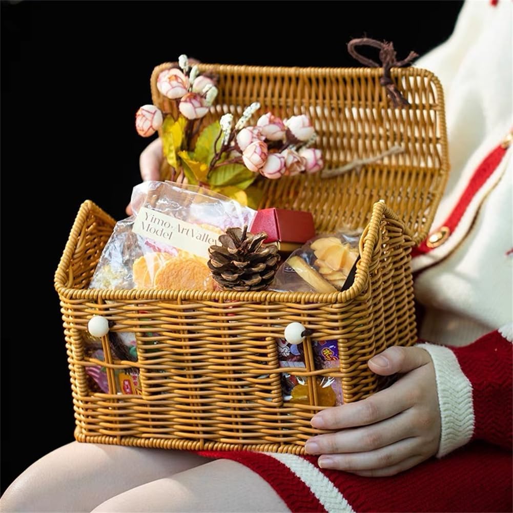 House-Shaped Wicker Basket with Lid - Handwoven Rattan Storage Basket for Home Decor, Kids Picnic, Organizer | Decorative Brown Woven Gift Box,