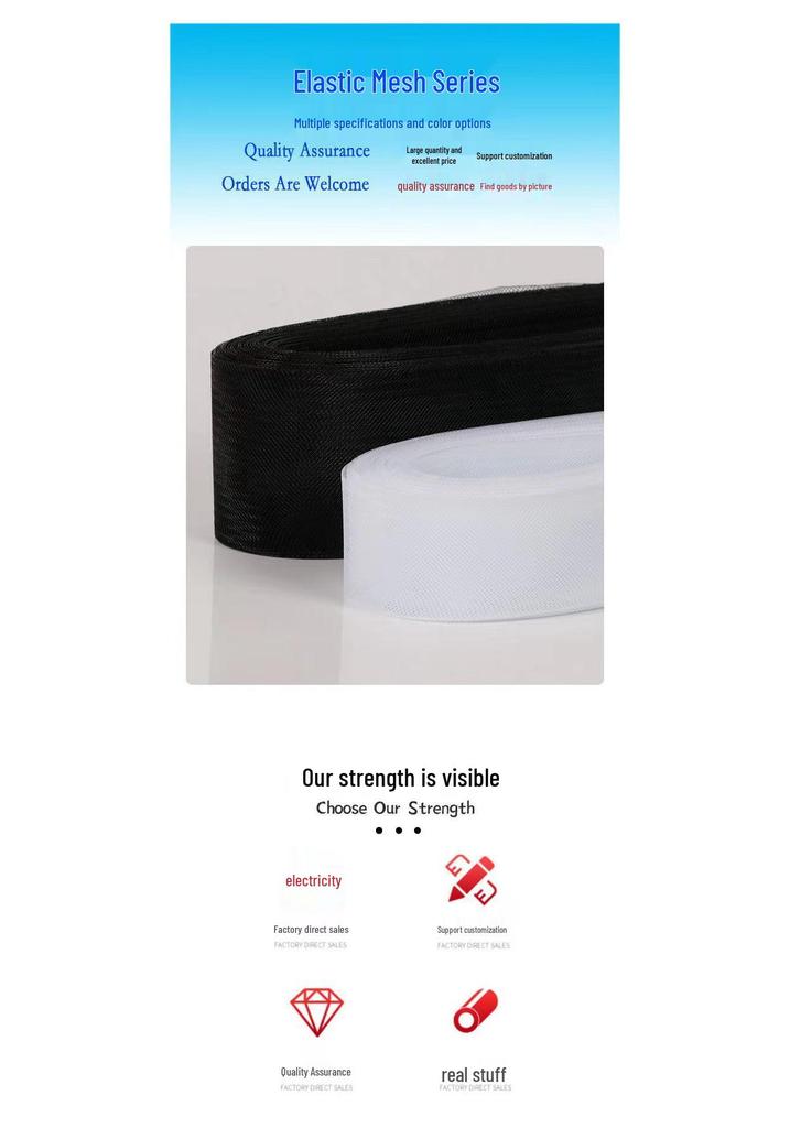 Black & White Elastic Stretch Mesh Ribbon (6-10cm) for Wedding Dresses, Dance Skirts, Support, and Horsehair Fishbone Net Clothing Accessories.