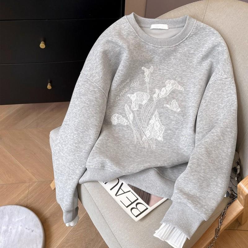 Womens 2026 Winter Loose Sweatshirt Floral Embroidery Lace Splice Casual Top