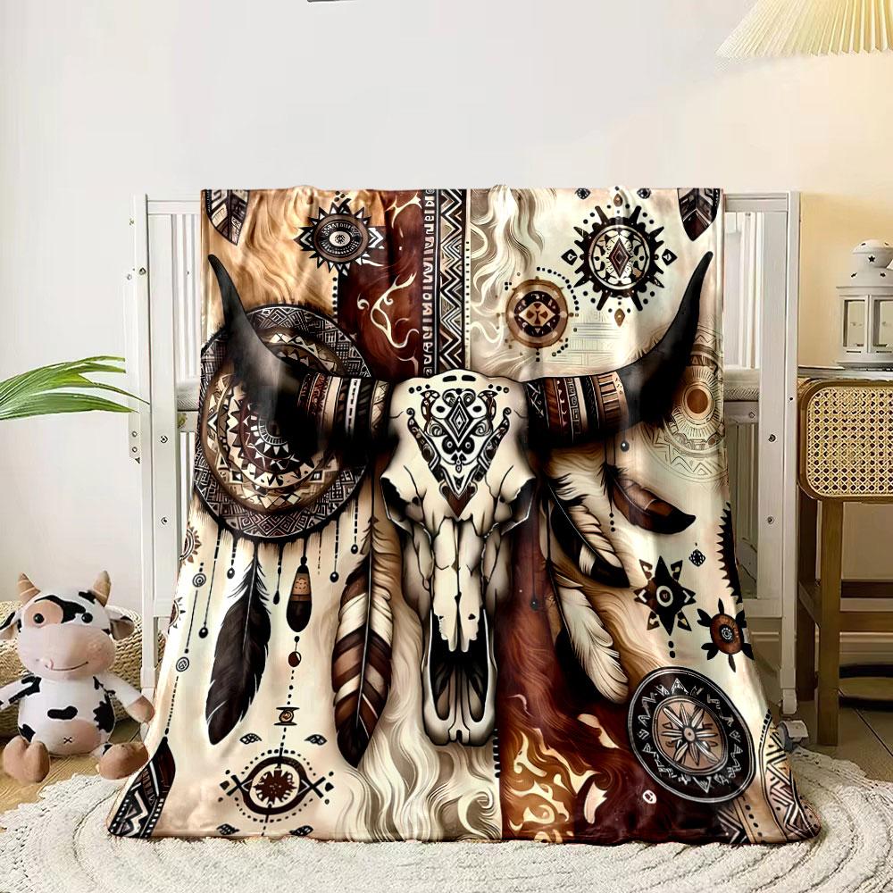 Bohemian Cow Skull Blanket Bedroom Blanket for Livingroom Couch Lunch Break Soft Throw for Friend's Festival Gift