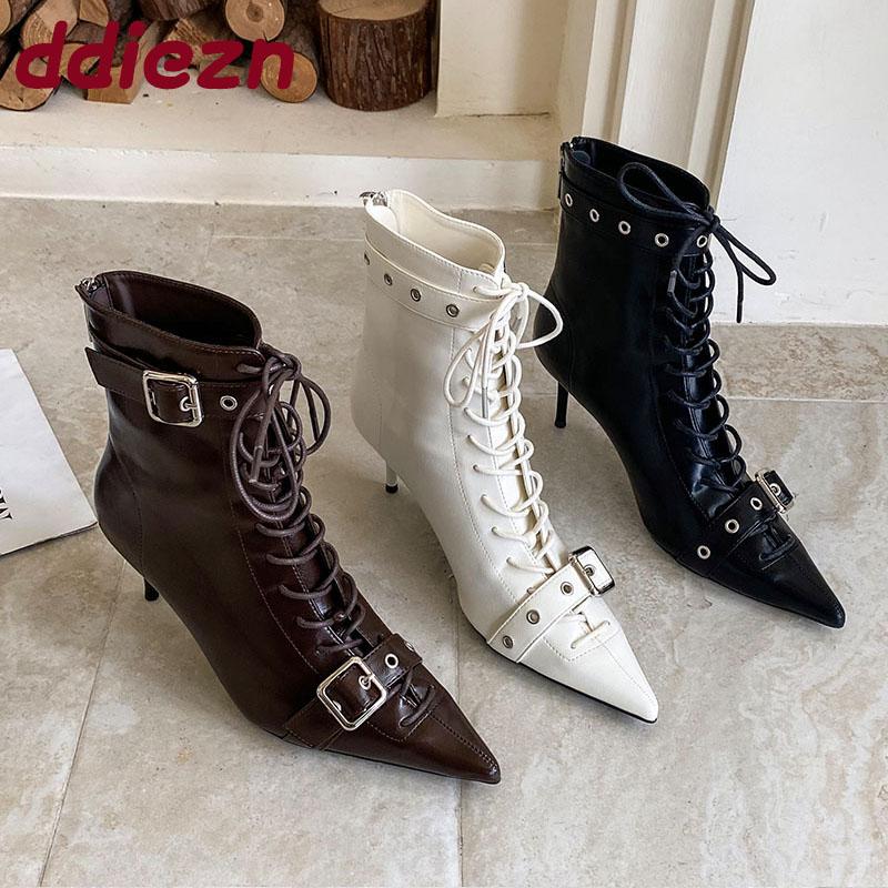 Fashion Fashion Lace Up Modern Women Ankle Boots Shoes Buckle Strap Pointed Toe Ladies Short Boots Heels Shoes Female Pumps Lady