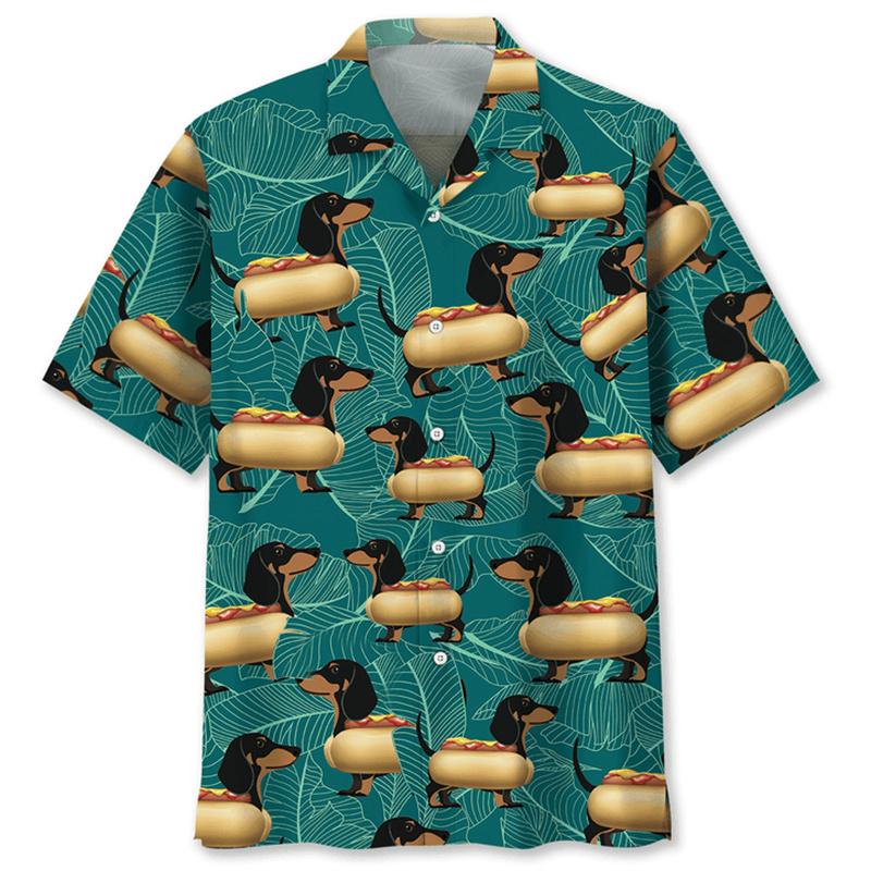 ETST51 Schattige Teckel Hawa&iuml;aans Shirt Heren Nieuw Binnen 3D Geprint Dier Hond Revers Korte Mouwen Tops Buiten Blouse Zomer Knopen Shirts 2XL