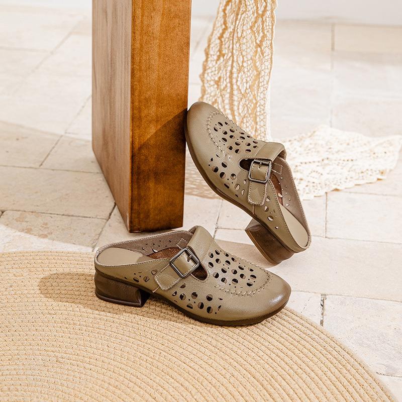 

First layer cowhide summer women s sandals thick heel sandals beef tendon soft bottom soft surface mother wear bag head hollow women s slippers 40