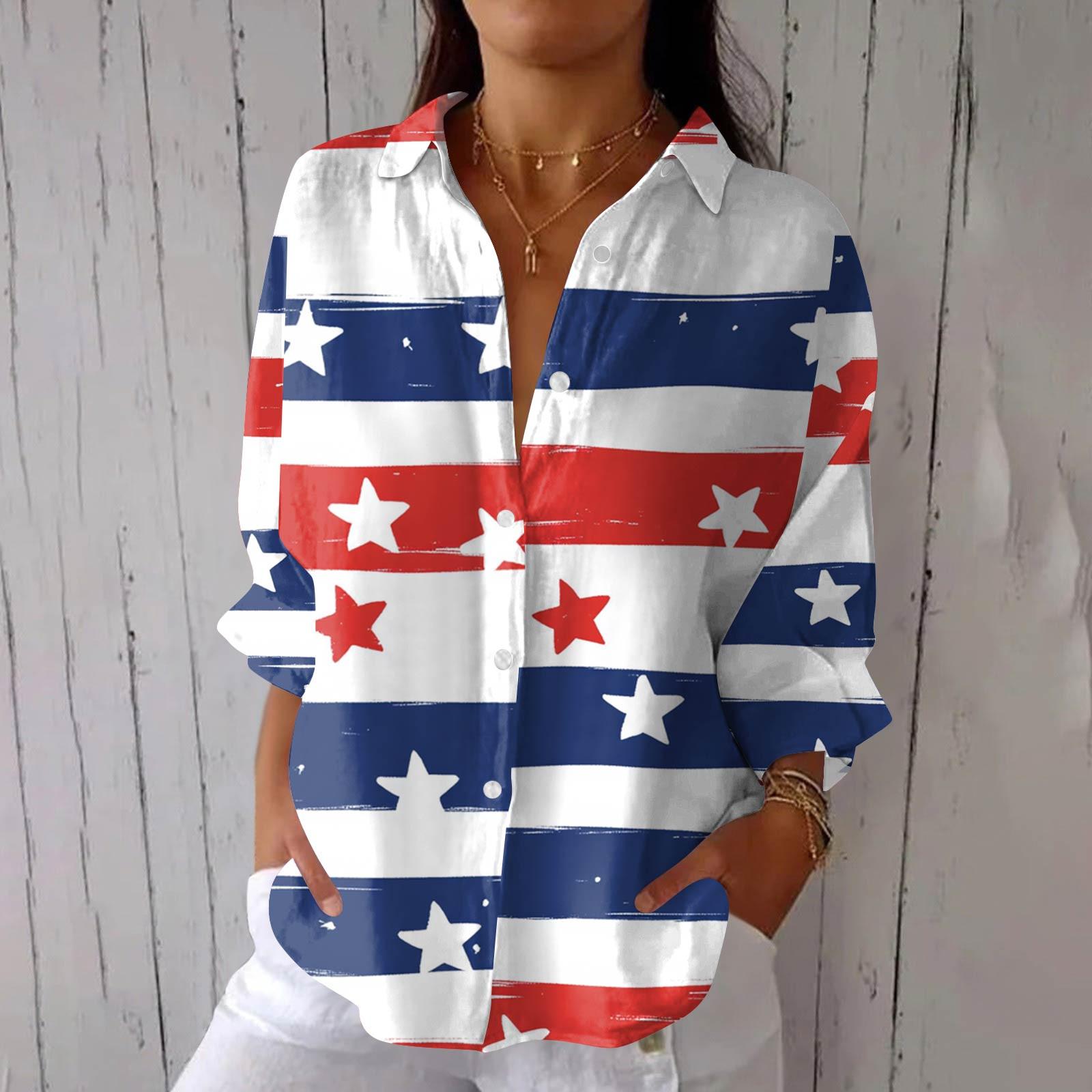

Women s Fashion Seven Sleeve Casual Lapel Back Tie Shirt Independence Day Printed T-Shirt Top XL білий