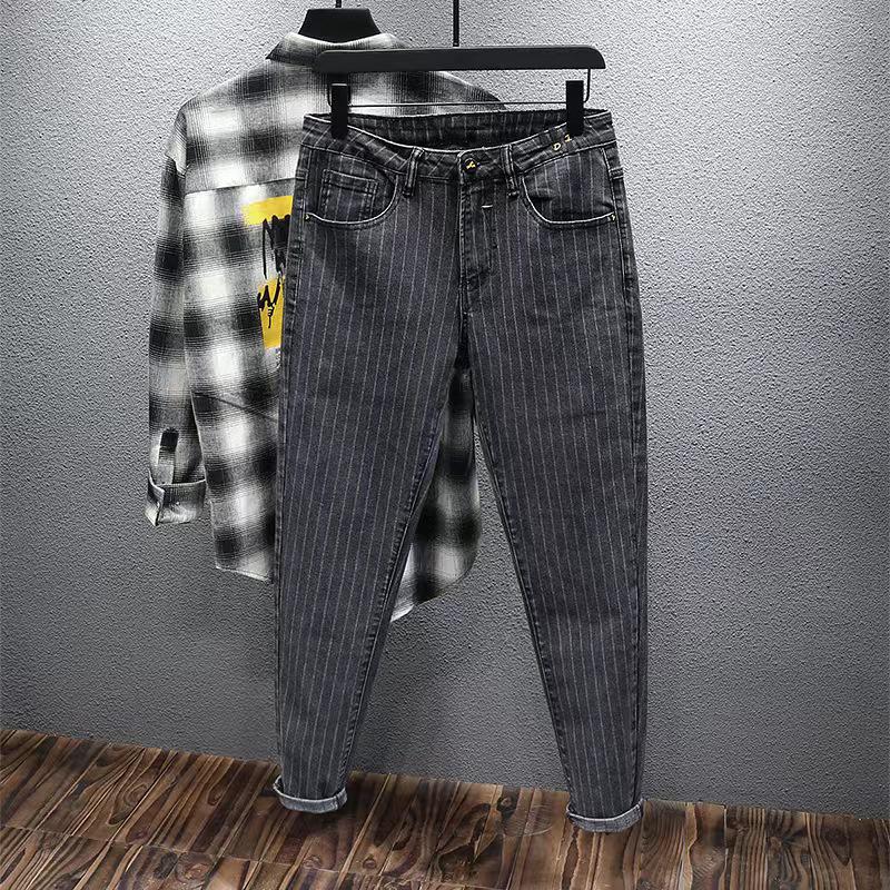 

Мужские облегающие джинсы в вертикальную полоску в корейском стиле - модные эластичные узкие брюки весна/лето 31 (Suggested 125-135 kg)