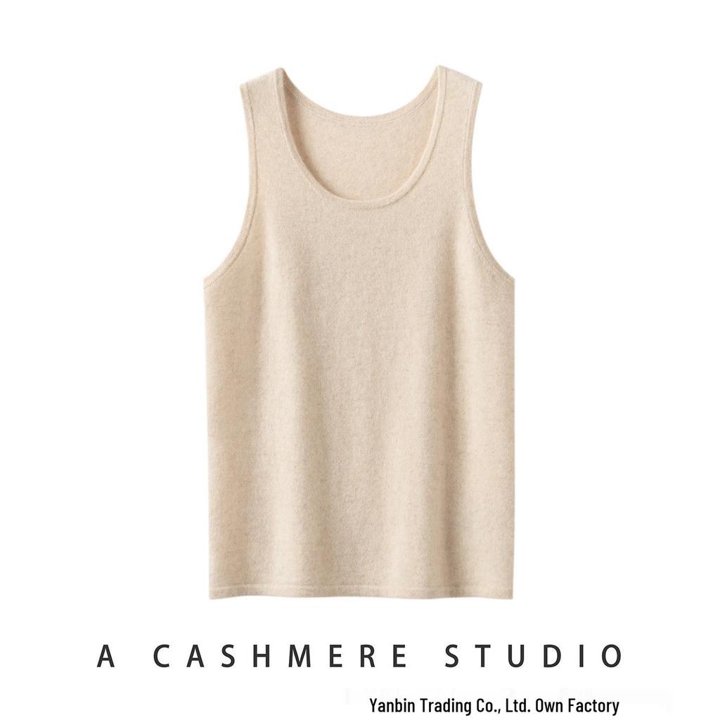 Women's Cashmere Sleeveless Camisole: Low-Neck Knit Top in Winter White, Blue, Green, Velvet, and Rice Colors.