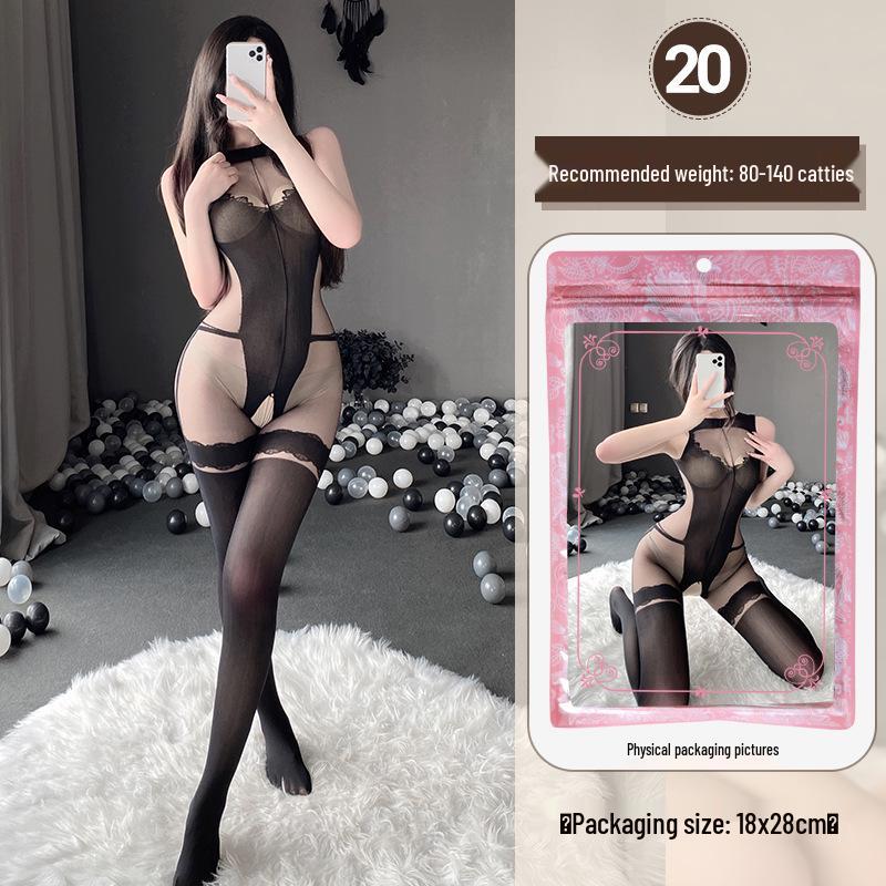 Linlinting Plus Size Sexy See-through Cutout Bodysuit with Open Crotch Stockings Set