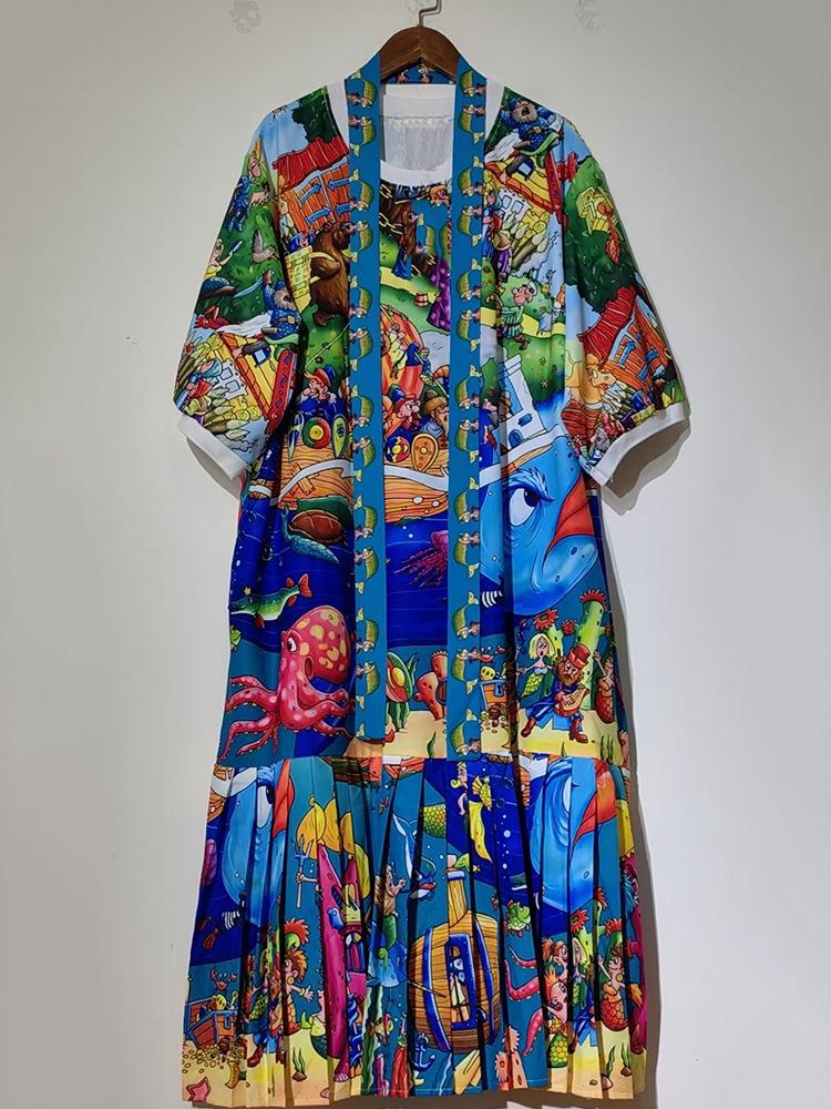 2025 Women's Retro Geometric Print Short Sleeve T-Shirt Dress with Loose Puffy Skirt