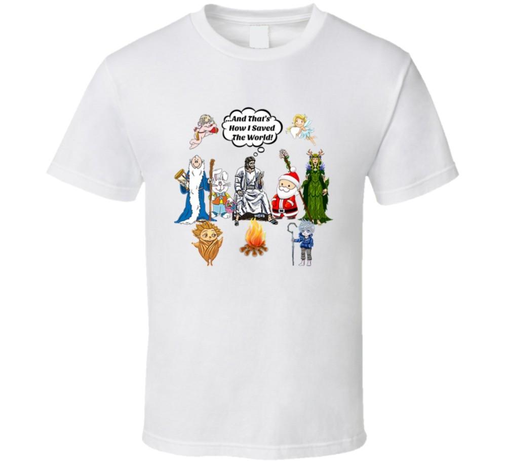 Jesus And Guardian Superheroes Campfire T-Shirt How I Saved The World Christ Tee XL