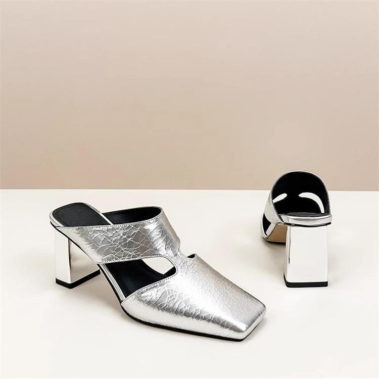 Fashion Summer New Pumps Women's Sandals Outside Natural Leather Cracked Slippers Female Fashion Square Toe Mules High Heel Slides Shoes