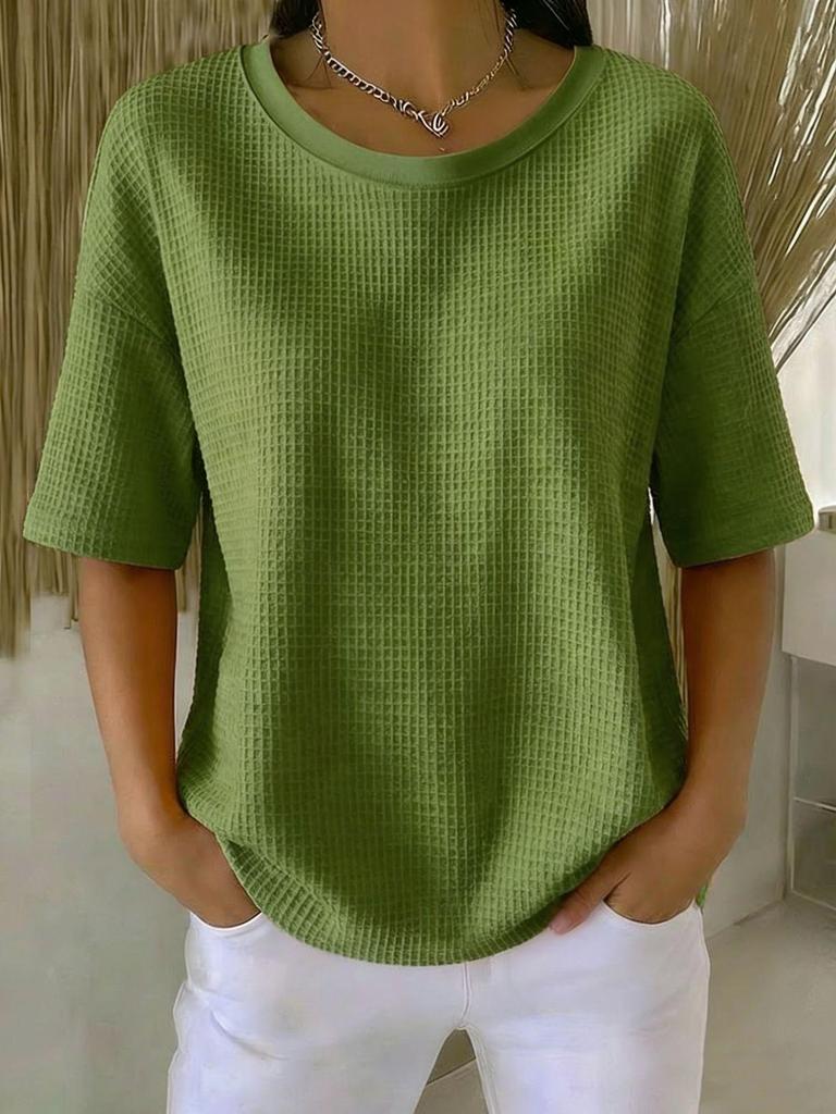 2026 Summer New Fashion: Simple Solid Color Waffle Knit Round Neck Short Sleeve Top
