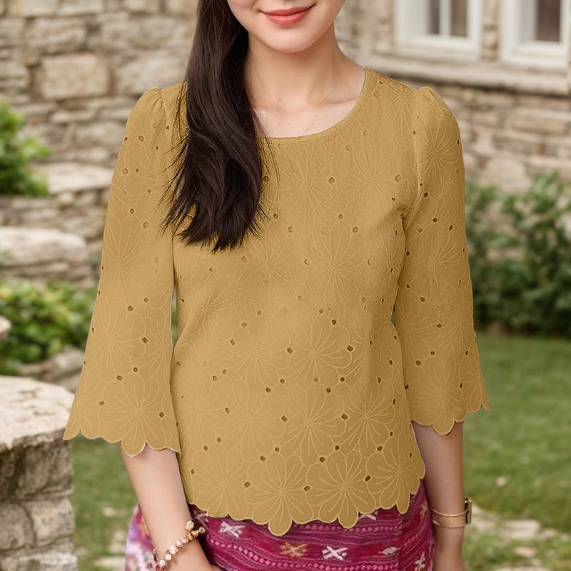 

ZANZEA Женская повседневная блузка с круглым вырезом, вышивкой, вязаным крючком пэчворком и рукавами 3/4 3XL хаки