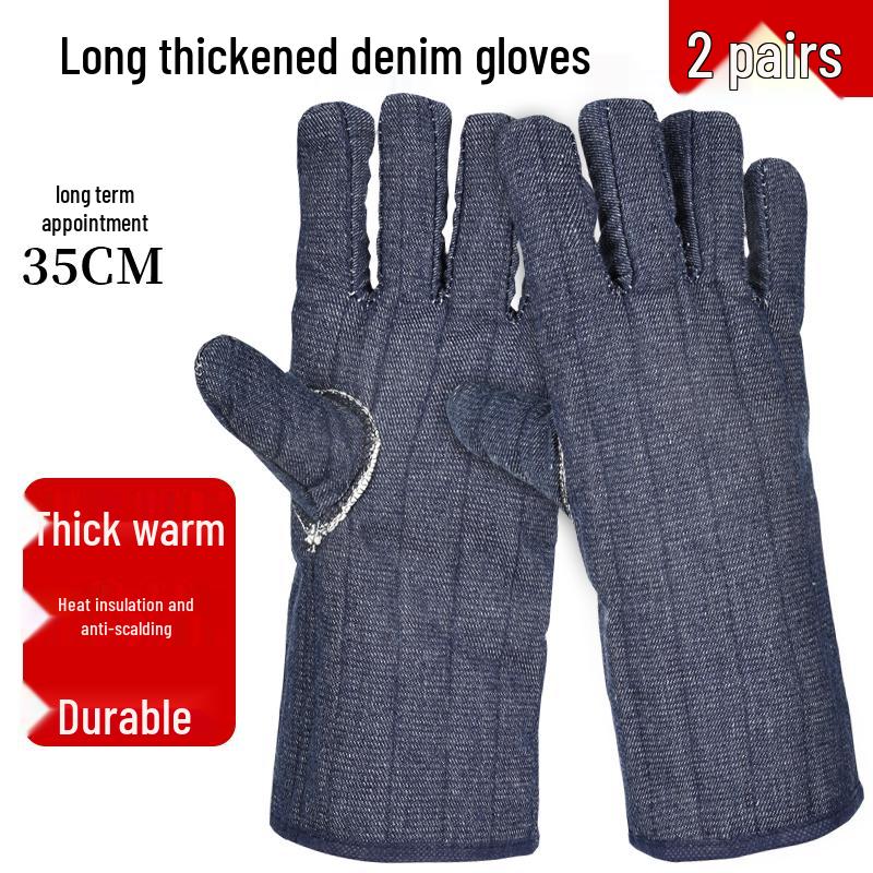 White Heat-Resistant Cotton Gloves: Anti-Scald, High-Temperature Protection, Five-Finger Design, Thickened for Kitchen and Winter Use.