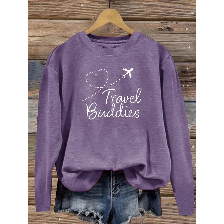 Retro Letter Print Casual Fashion Women s Sports Long Sleeve Round Neck T Shirt Top S фиолетовый