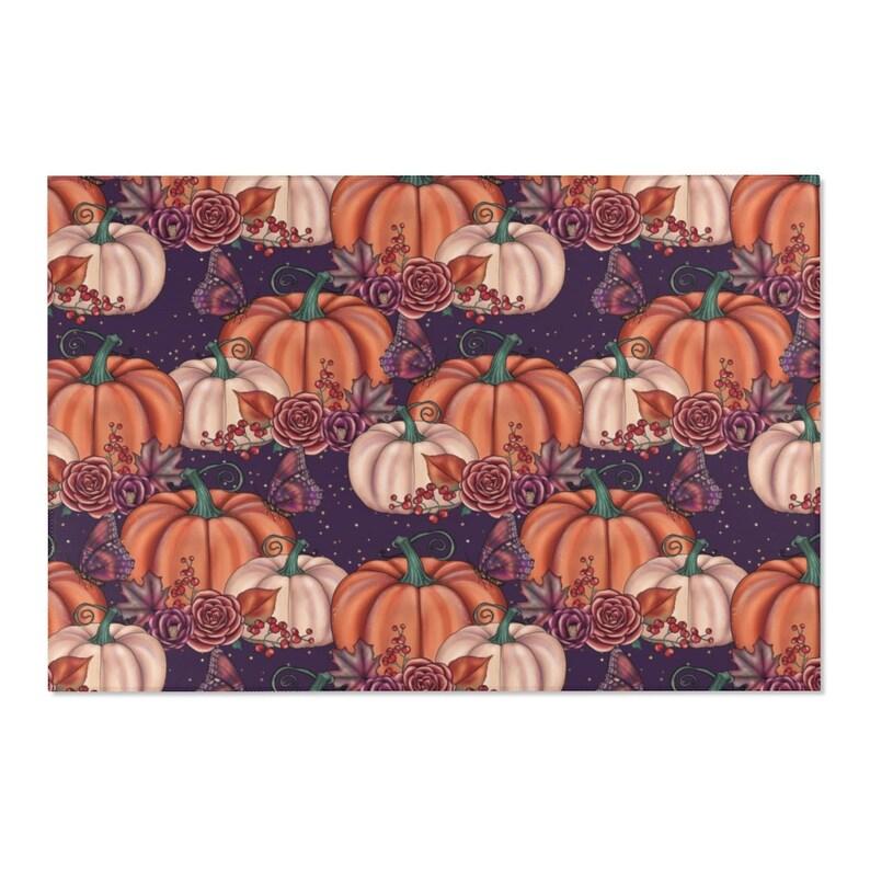 Dark Fall Pumpkin Rug Purple Orange Pumpkin Living Room Rug, Autumn Floral Rug For Thanksgiving