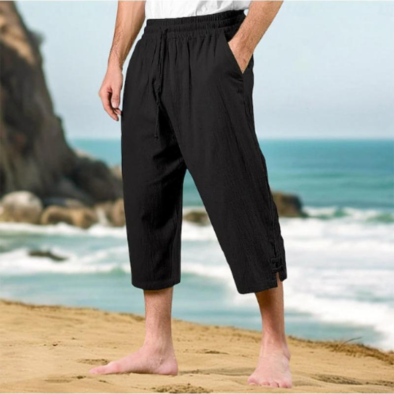 Men's Casual Summer Waist Drawstring Multi-pocket Linen Cropped Pants Beach Pants