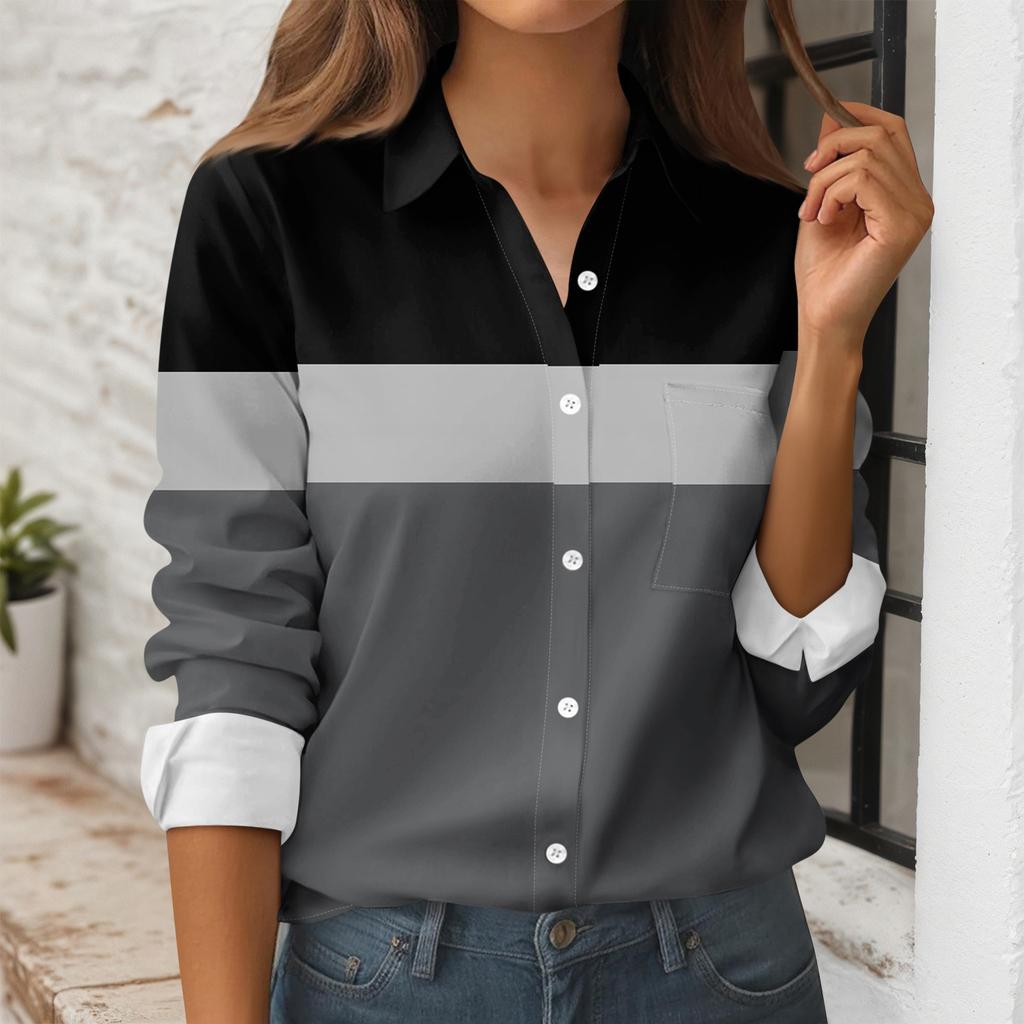 Women's Button Down Prints Shirt Long Sleeve Shirt Business Work Tops Casual With Pockets Jacket
