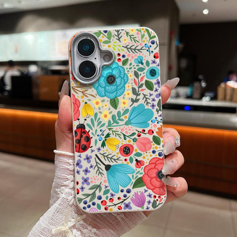 Romantic Garden Flowers Print Soft Case For iPhone 15 14 16 Pro Max 15 14 Plus 13 12 Pro Max 11 Leather Texture TPU Phone Cover