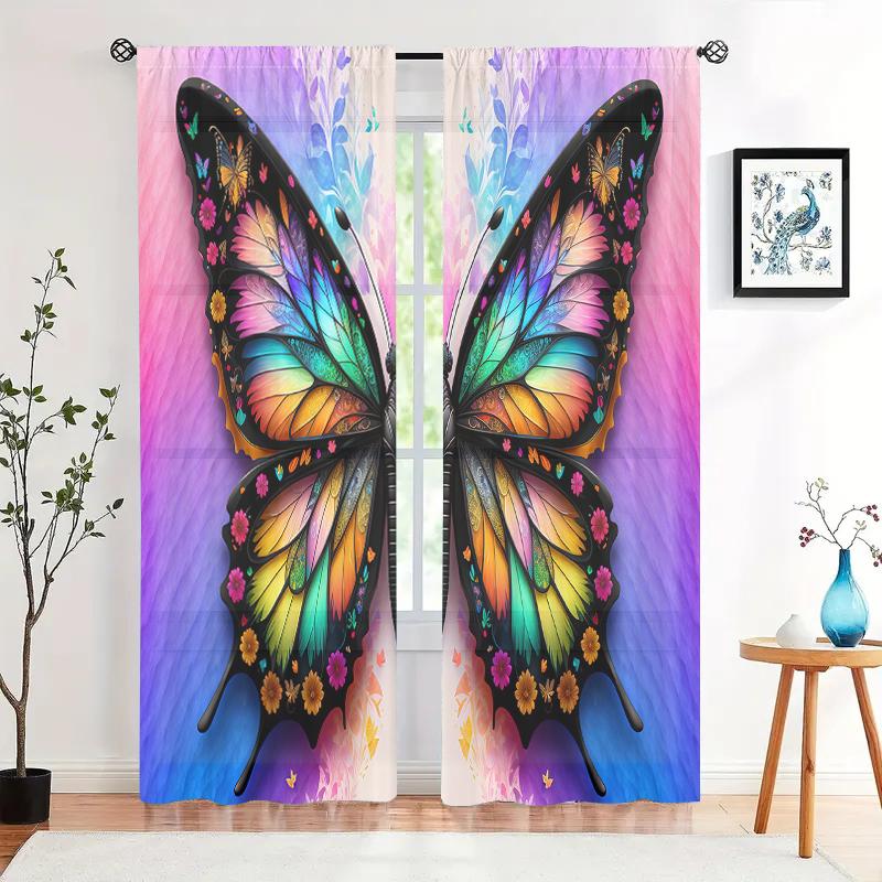 2 Pieces, Multi-color Butterfly Printed Curtains - Semi Transparent - Suitable for Living Room, Bedroom, Kitchen, Home Decoratio