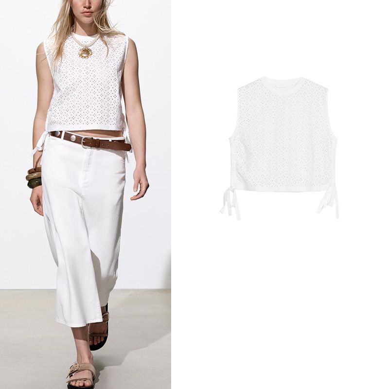 Spring and Summer Women's Clothing Bows Adjustable Hem Cotton Cut Out Embroidered Crew Neck Sleeveless Tops 4174379