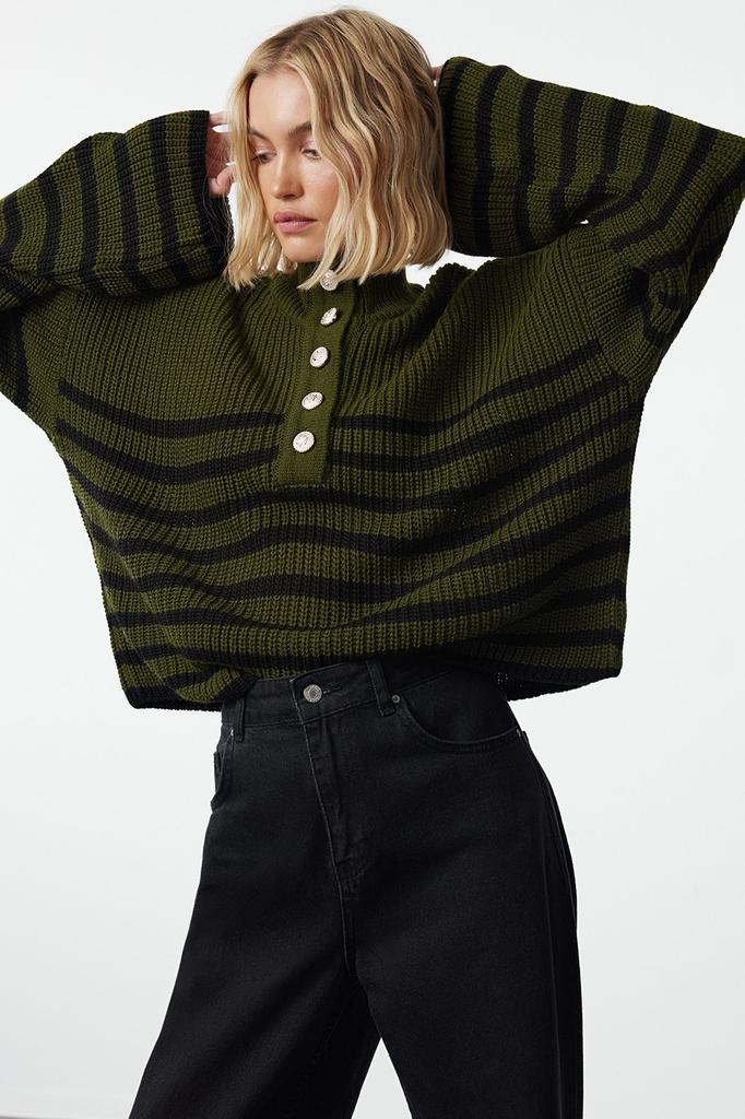Women's Fashionable Stylish Sweater Navy Blue Wide Fit High Collar Striped Knitwear Sweater
