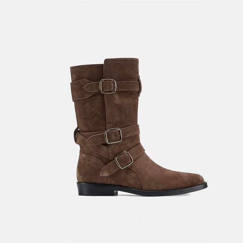 Cowhide Version~ Retro Maillard Western Cowboy Boots Belt Buckle Suede Knight Short Boots Thick Heel Thin Medium Boots