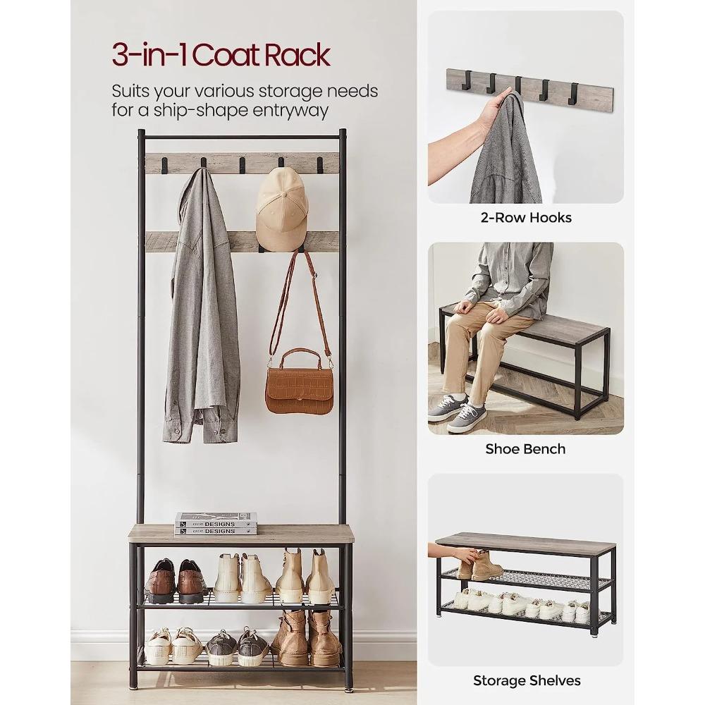 Coat Rack Hall Tree with Shoe Storage Bench Entryway Bench with Shoe Storage for Entryway Greige and Black
