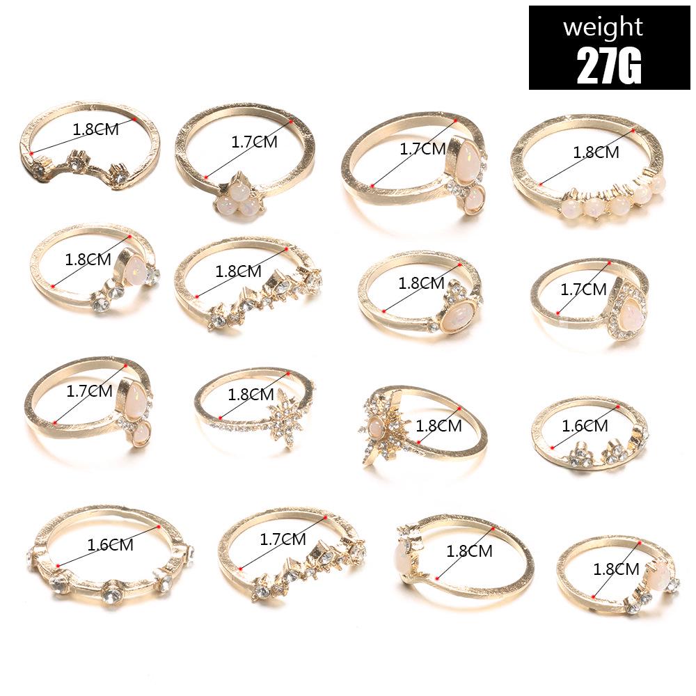Imitation Opal Diamond Joint Ring 16-Piece Crown Droplet Retro Style Set Ring