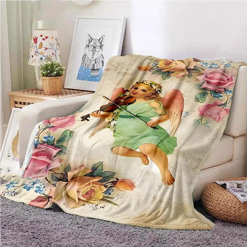 Cartoon Little Angel Pattern Printed Blanket for Travel Camping Living Room Office Conditioning Blanket for All Seasons Gifts
