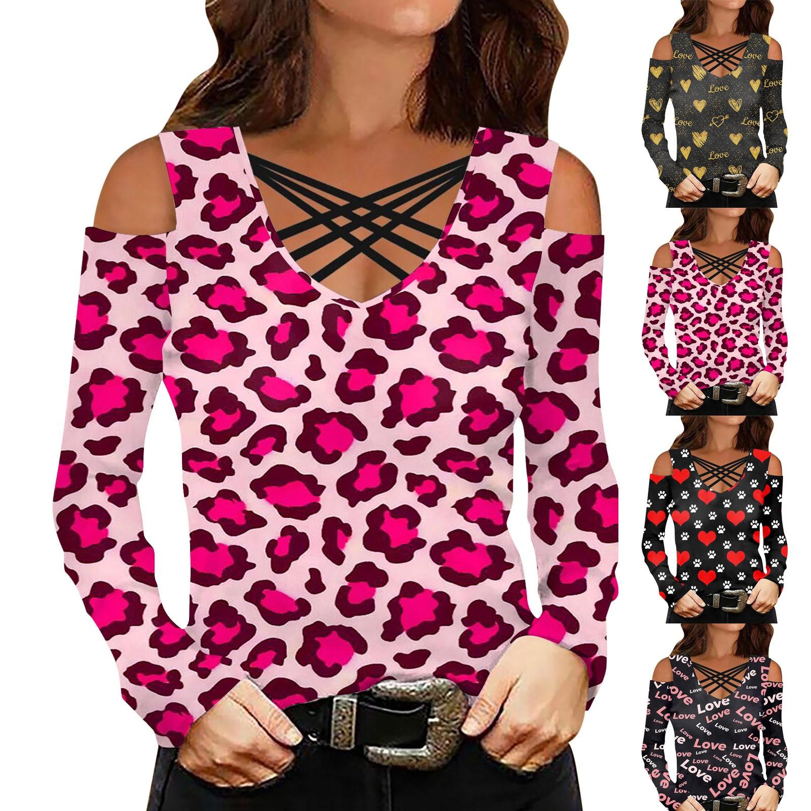 

Женская мода Повседневный День Святого Валентина Печатный V-образный вырез Крестовая лента с плеча Длинный рукав Топ