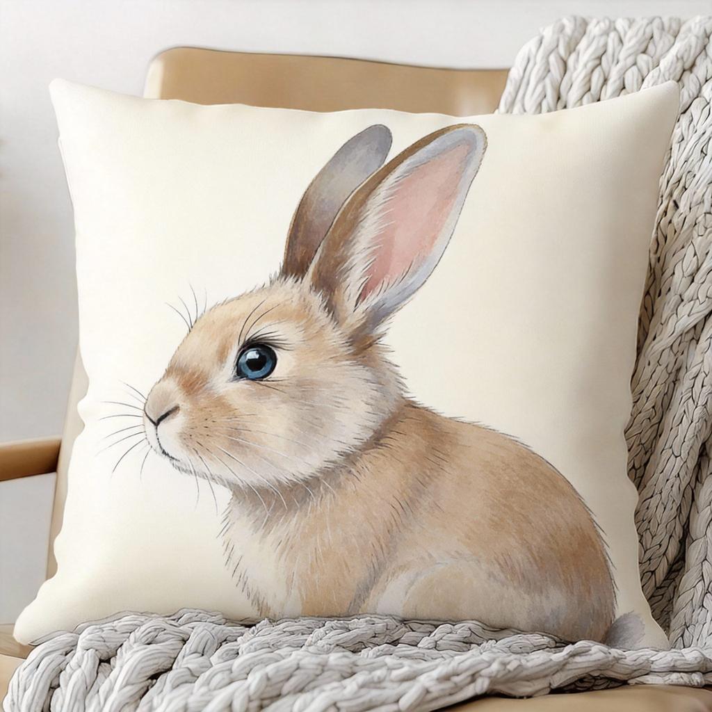 Realistic Rabbit Face Pillow Cover Soft Decorative Cushion Case with Zipper Machine Washable for Living Room Bedroom Sofa