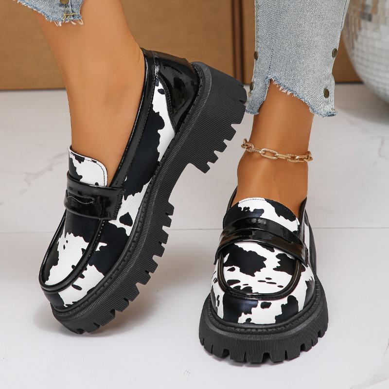 Fashion Cow Print Zebra Print Chunky Platform Flats Women 2025 Autumn Pu Leather Thick Sole Loafers Woman Plus Size Uniform Lolita Shoes