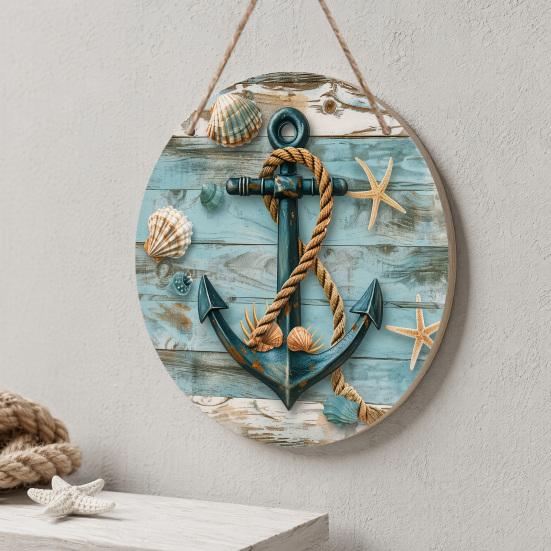 Decorative Hanging Sign Lightweight Wooden Wall Art Sign with Marine Elements Rudder Lifebuoy